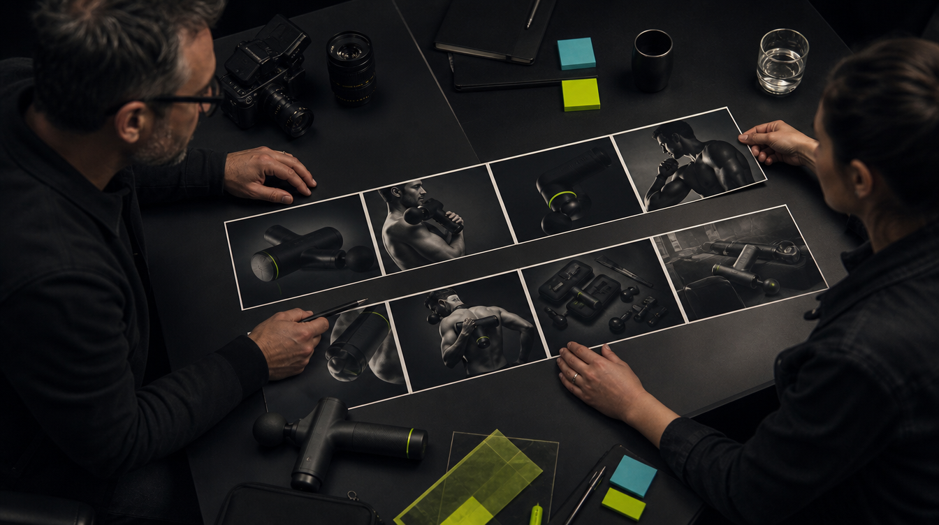 Motion design team arranging a physical product commercial storyboard